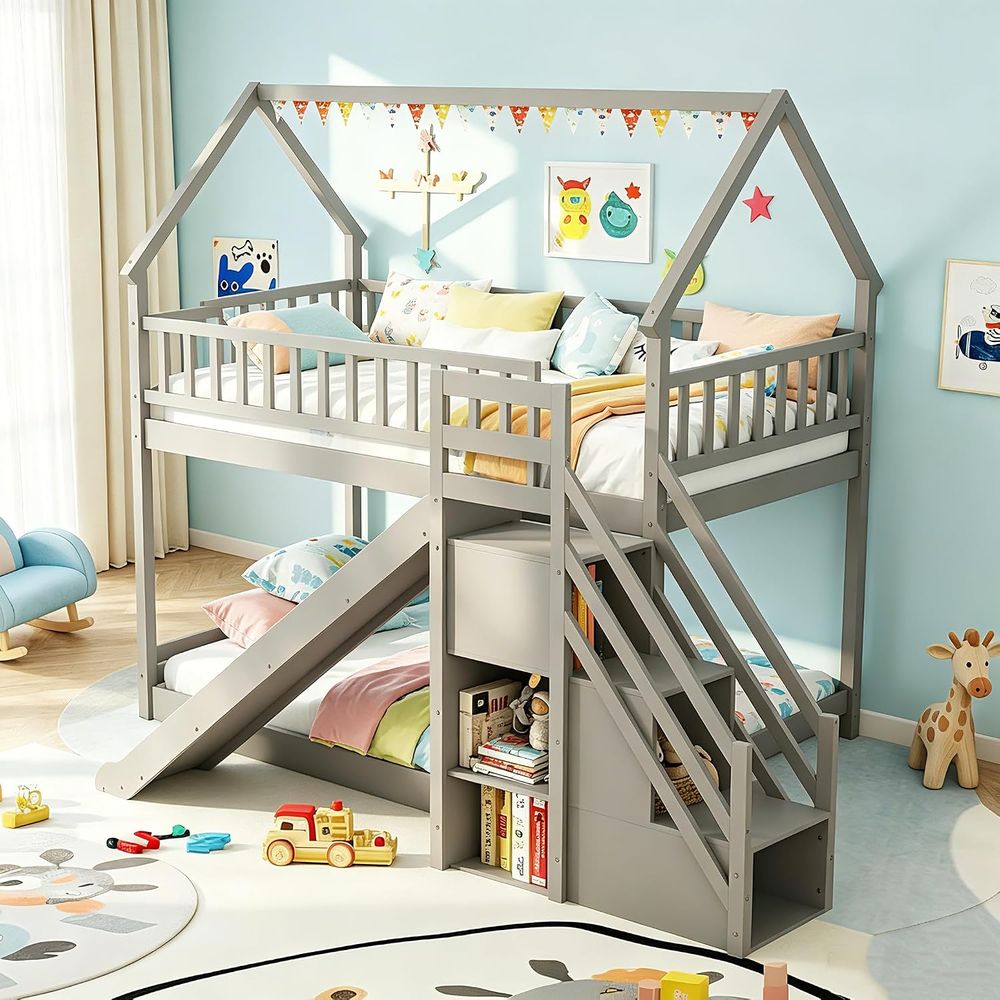 Bunk Bed With Stairs And Slide - Stapelbed met glijbaan & trap, houten