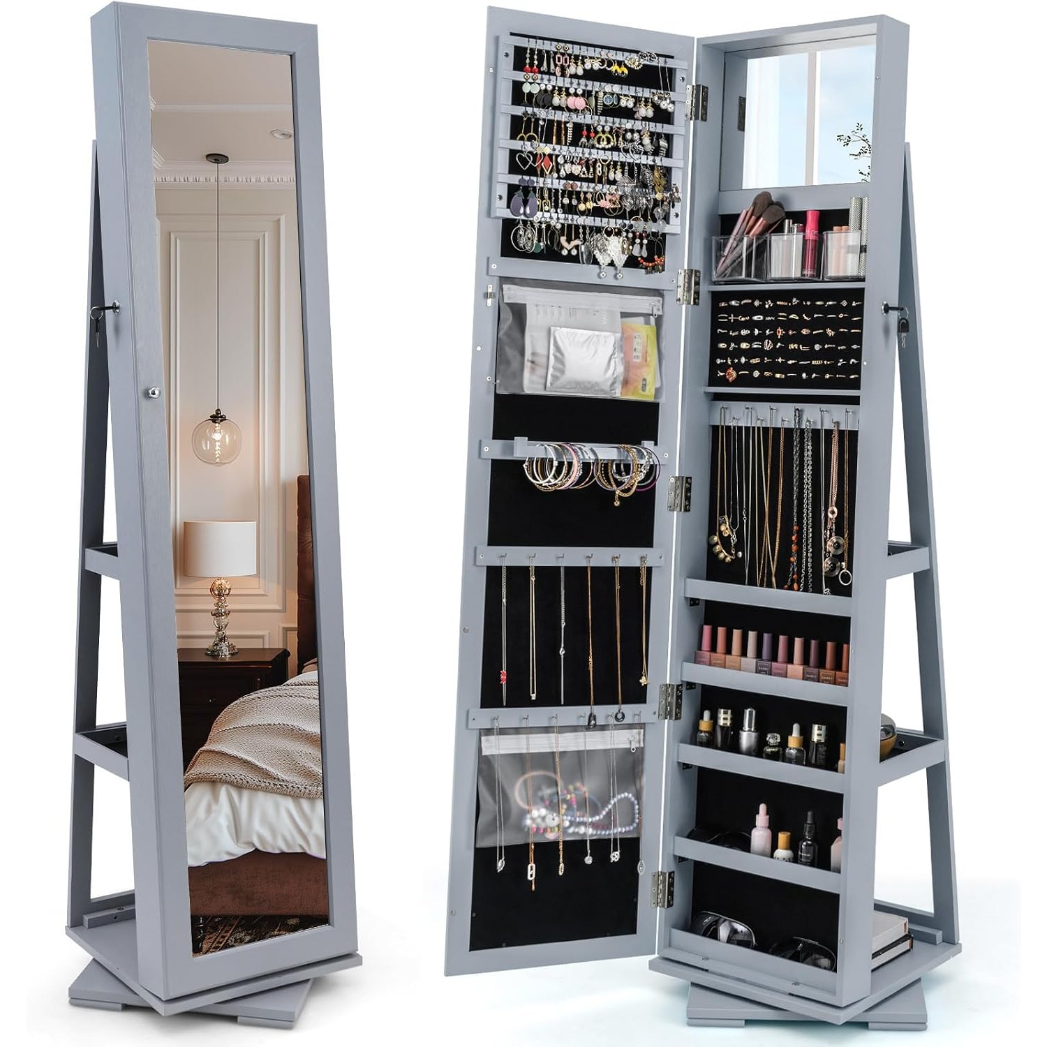 Full Length Mirror Jewelry Armoire - Draaibare sieradenkast met spiegel in volle