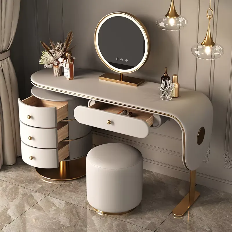 Dressing Table Vanity With Lighted Mirror - Kwalitatief hoogwaardige houten kaptafelset, lichte slaapkamermeubels,