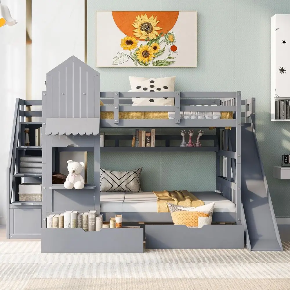Bunk Bed With Stairs And Slide - Groot stapelbed met trap, glijbaan, opberglades