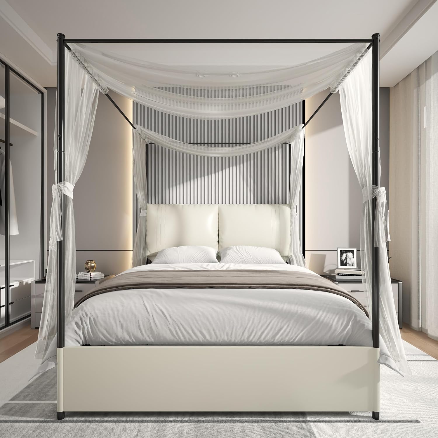 Canopy Bed Frame Metal Queen - Queen hemelbedframe met gestoffeerd hoofdeinde, metalen