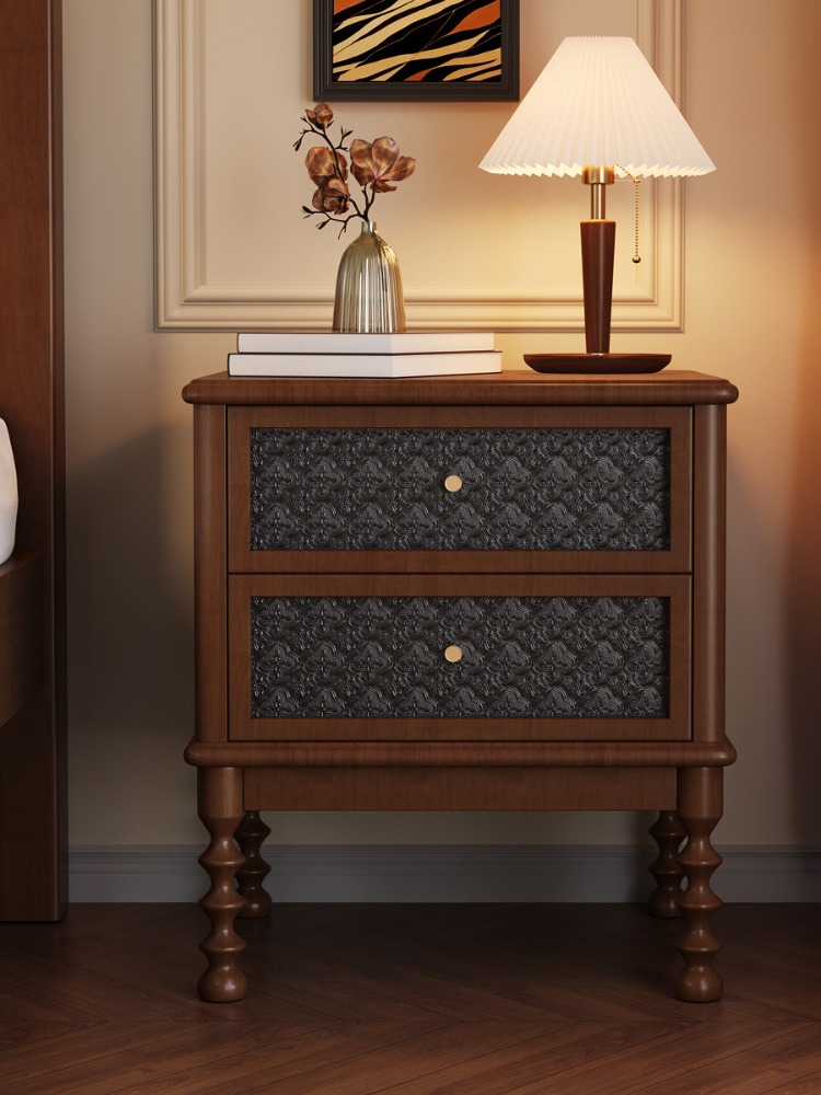 Solid Wood Nightstand 2 Drawers - Vintage nachtkastjes bedrukt glas massief houten