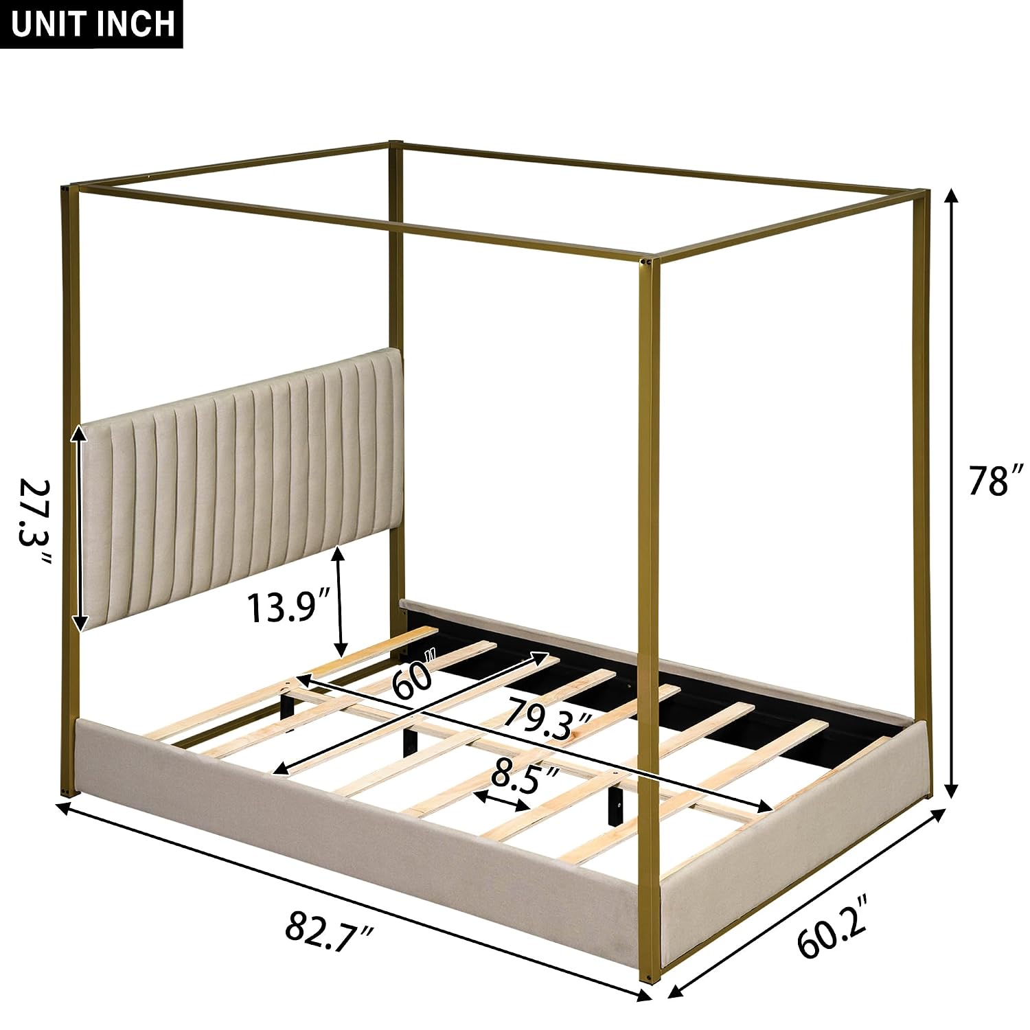 Canopy Bed Frame Metal Queen - Modern 4-poster bed met hoofdbord, gestoffeerd
