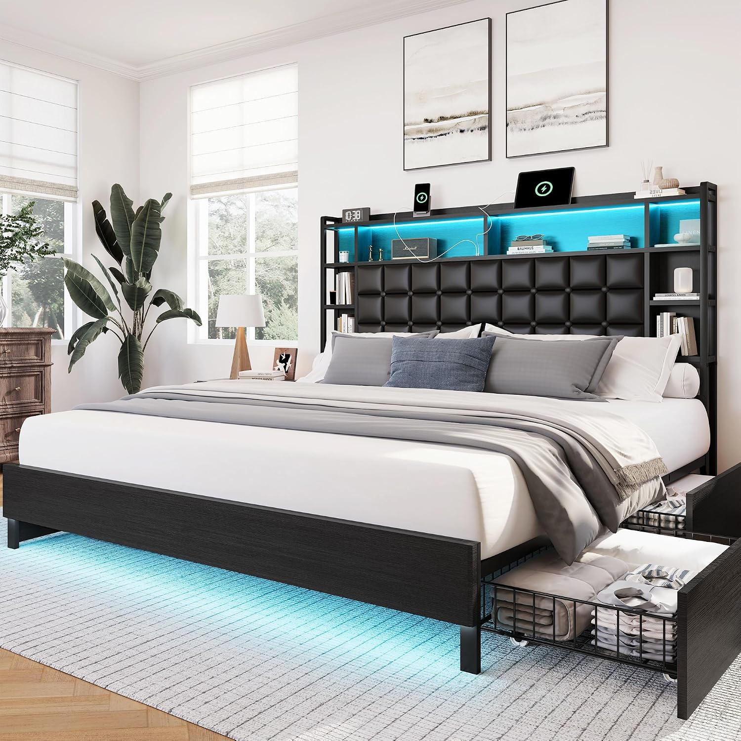King Size Bed Frame With Storage Drawers - Houten kingsize bedframe met opbergladen en