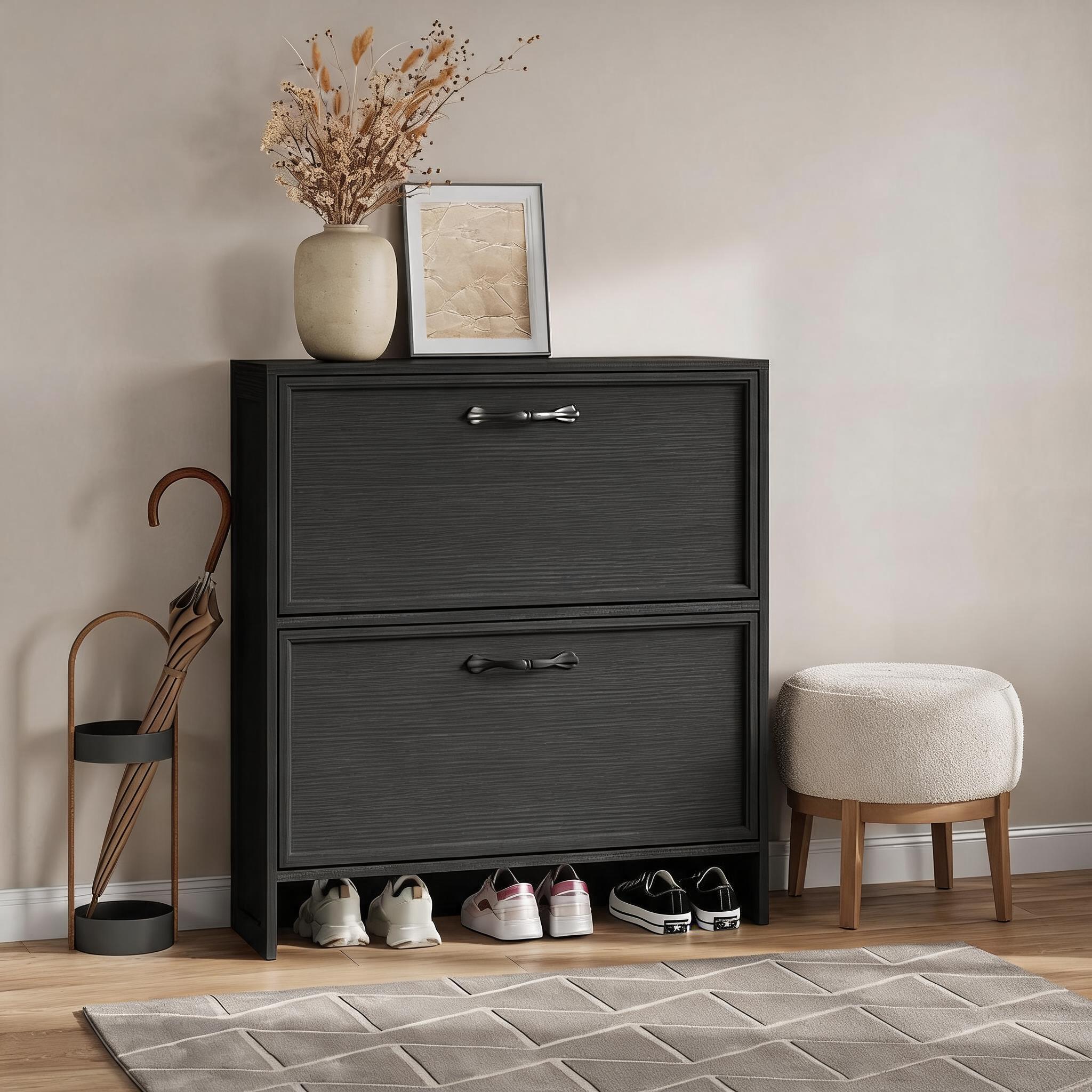 Shoe Rack Cabinet Narrow Entryway - 2-laden schoenenkast met verstelbare planken, ruimtebesparende