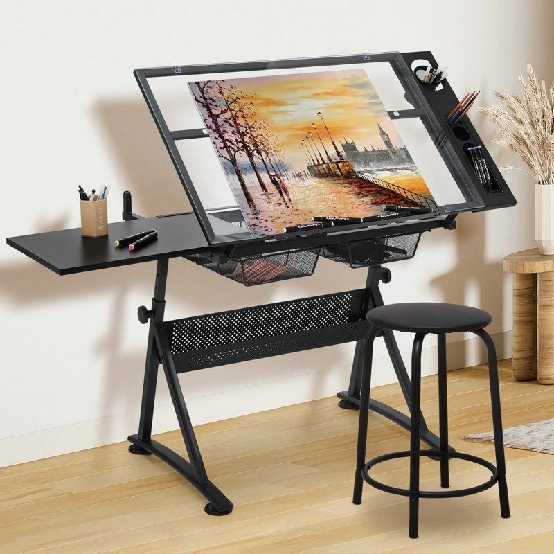 Tables - Tekenbord van gehard glas met zijpaneel,
