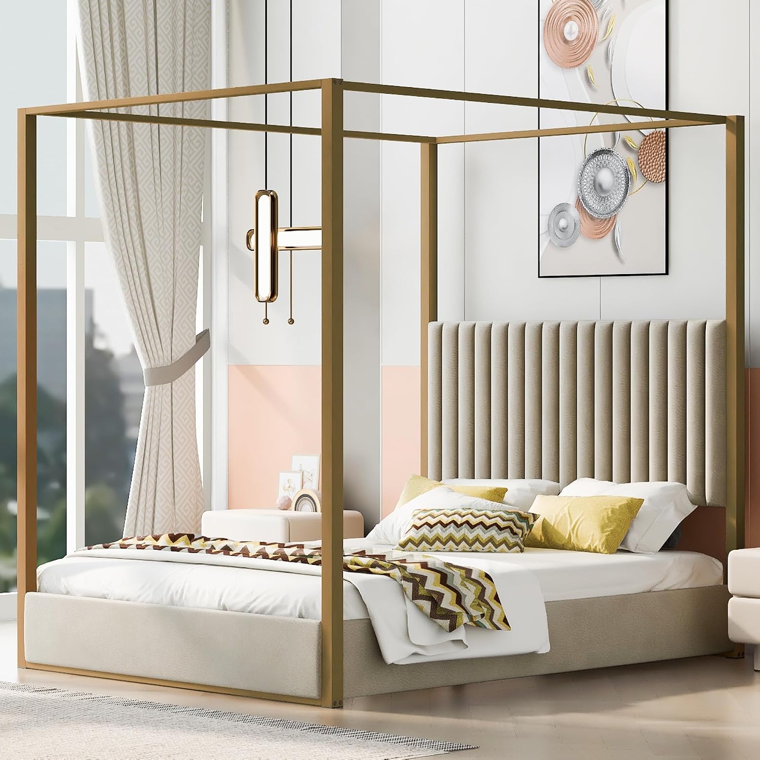 Canopy Bed Frame Metal Queen - Modern platformbed met hemel, queensize, gestoffeerde