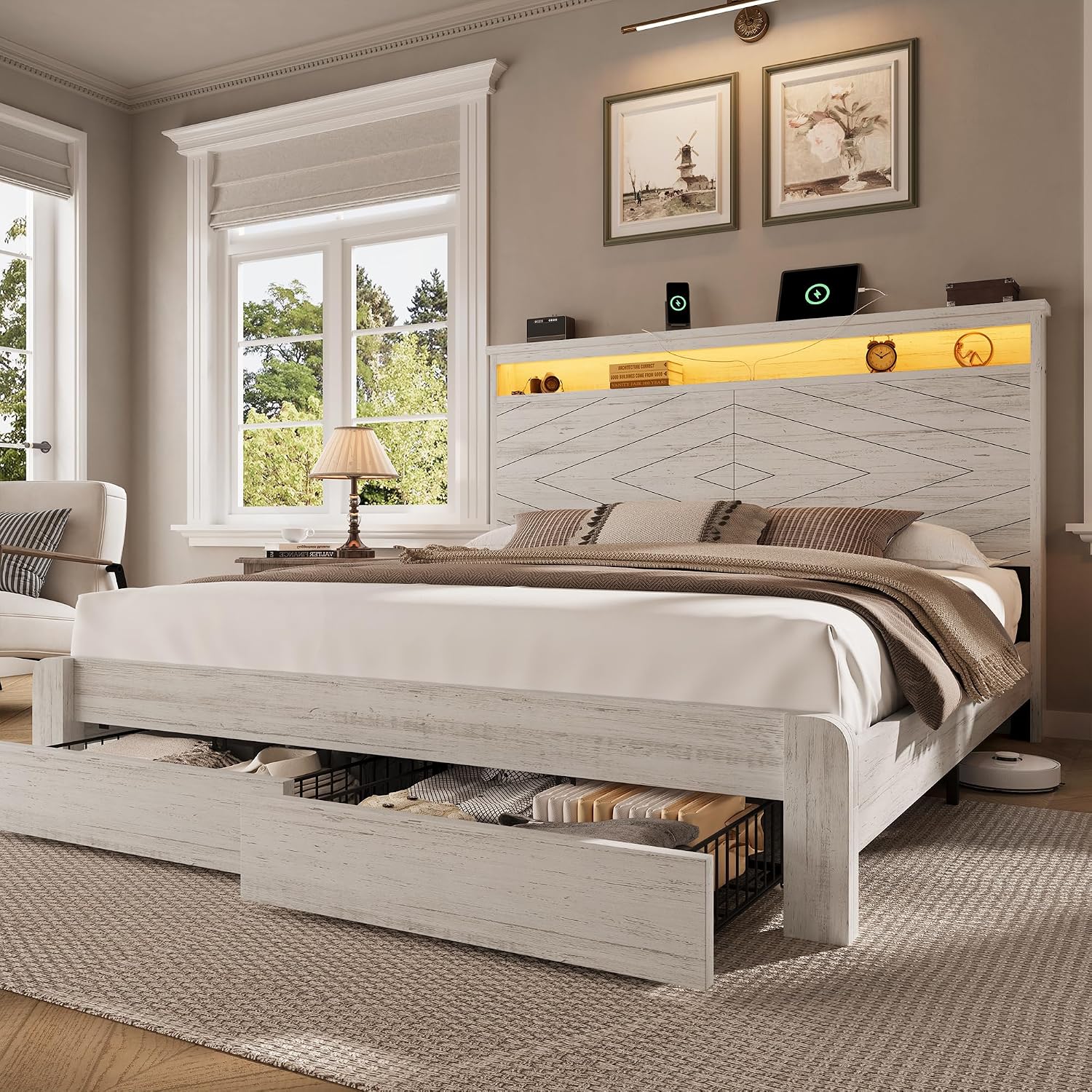 King Size Bed Frame With Storage Drawers - Kingsize houten platformbedframe met hoofdbord |