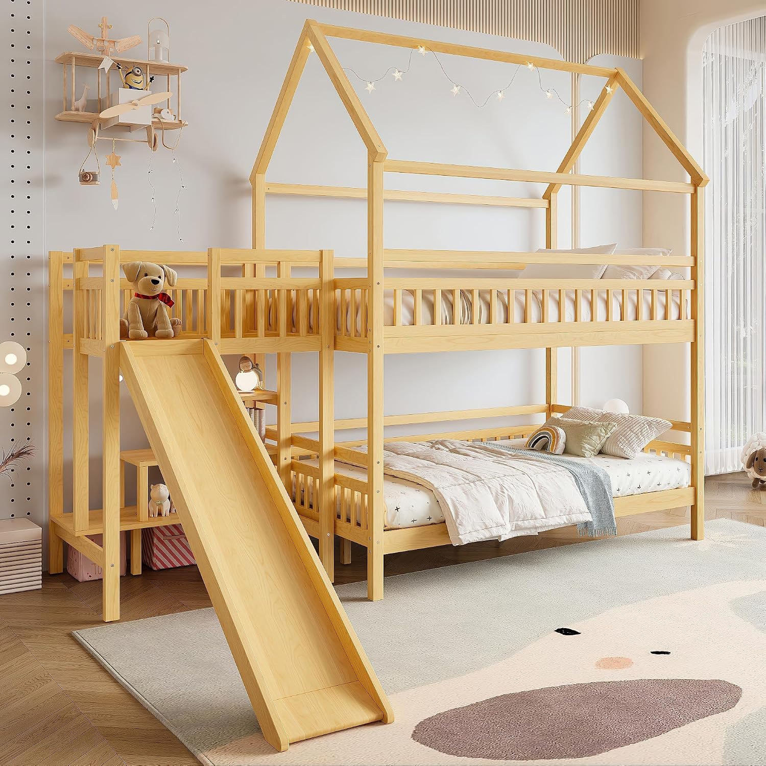 Bunk Bed With Stairs And Slide - Stapelbed met speelhuisdak, huisvormig stapelbed met