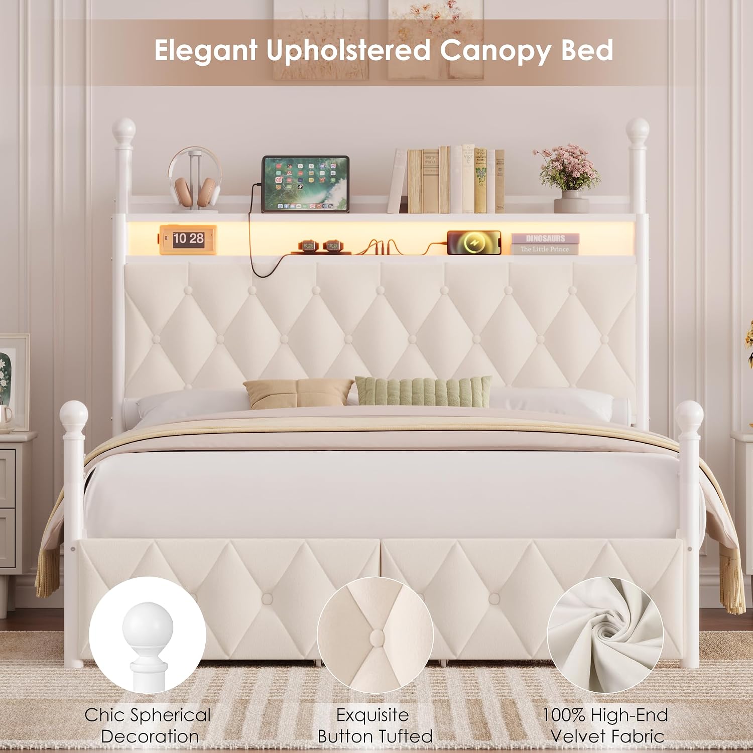 Queen-size LED-hoofdbord met o - Canopy Bed Frame Metal Queen recensie en prijs