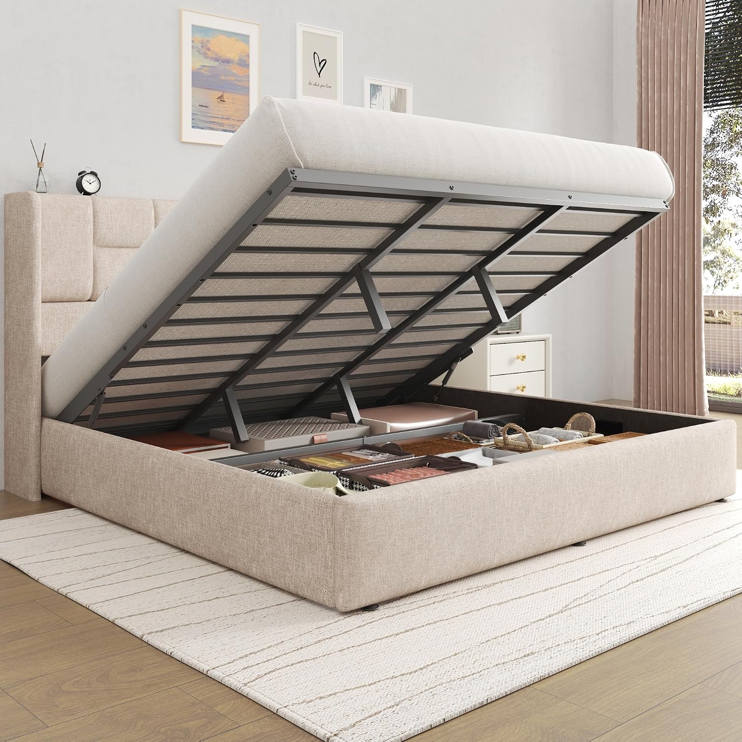 Linnen bekleed kingsize bedfra - Gas Lift Storage Bed Hydraulic recensie en prijs
