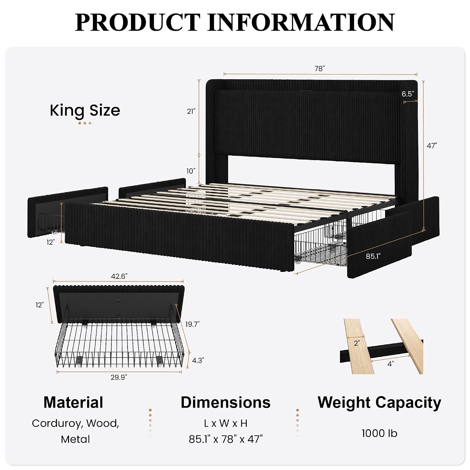 Kingsize bedframe met 4 extra  - King Size Bed Frame With Storage Drawers recensie en prijs